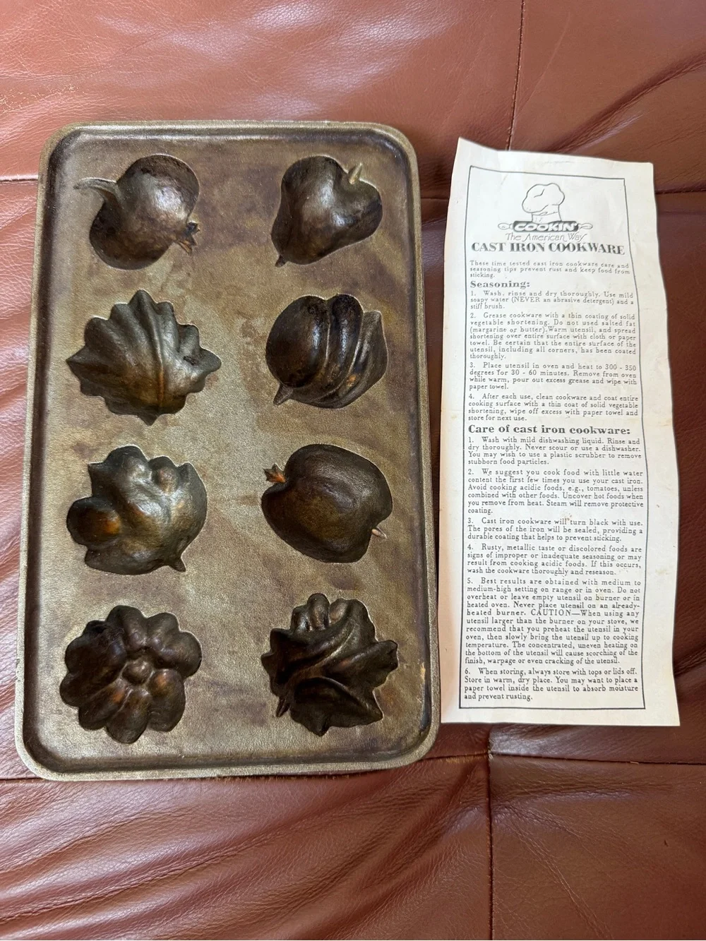 Vintage Cast Iron Muffin Cornbread Pan 8 Mold Vegetable Fruit Shapes Directions